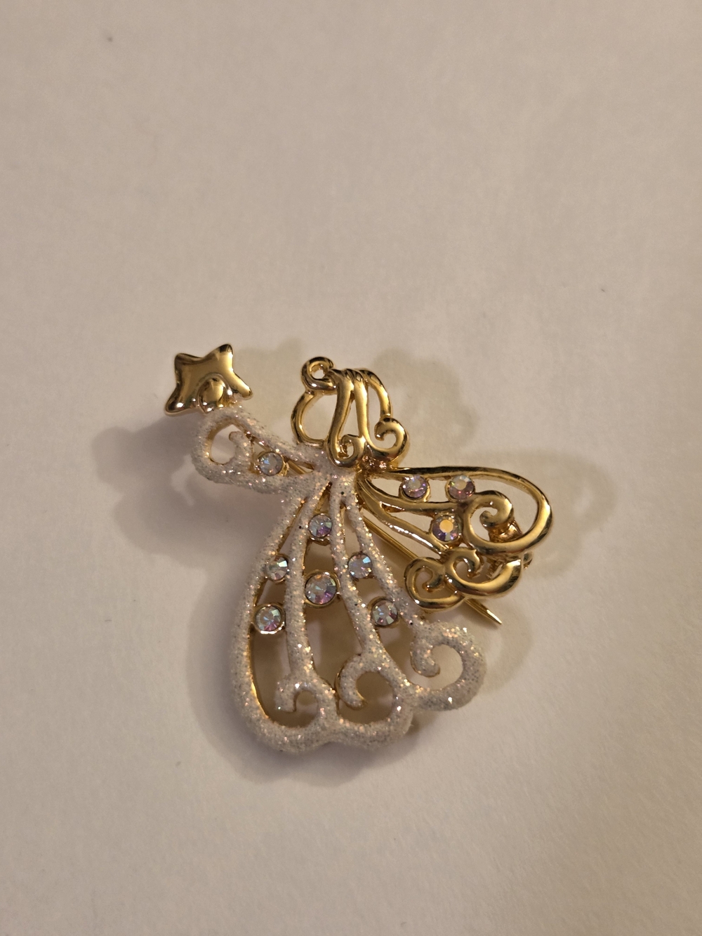 Gold and White Angel Wing Brooch with Iridescent Crystals